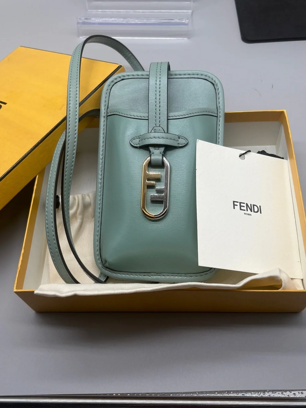 Fendi O’Lock Leather Phone Pouch Crossbody Mint Green Box Dust Bag